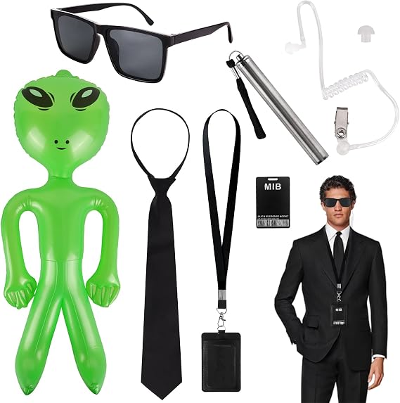 Agent Costume Accessories 6Pcs, Secret Security Service Spy Outfit With Inflatable Alien,Flashlight Tie Headset Sunglasses,Card Holder,In Black Costume Men For Halloween World Book Day Cosplay