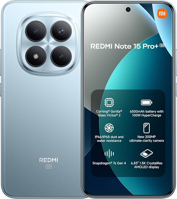 XIAOMI REDMI Note 15 Pro+ 5G - 12+512GB Smartphone, 6.83" 1.5K AMOLED Display, Snapdragon 7s Gen 4, 200MP Camera, Hypercharge 100W, Charger Not Included, Glacier Blue (ES Version) [Energy Class B]