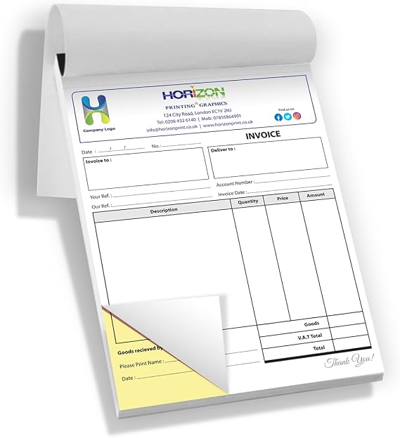 Custom Printed A4 Duplicate Garage Services Invoice Book, 50 Duplicate Sets, NCR Business Forms, Full Colour Printing