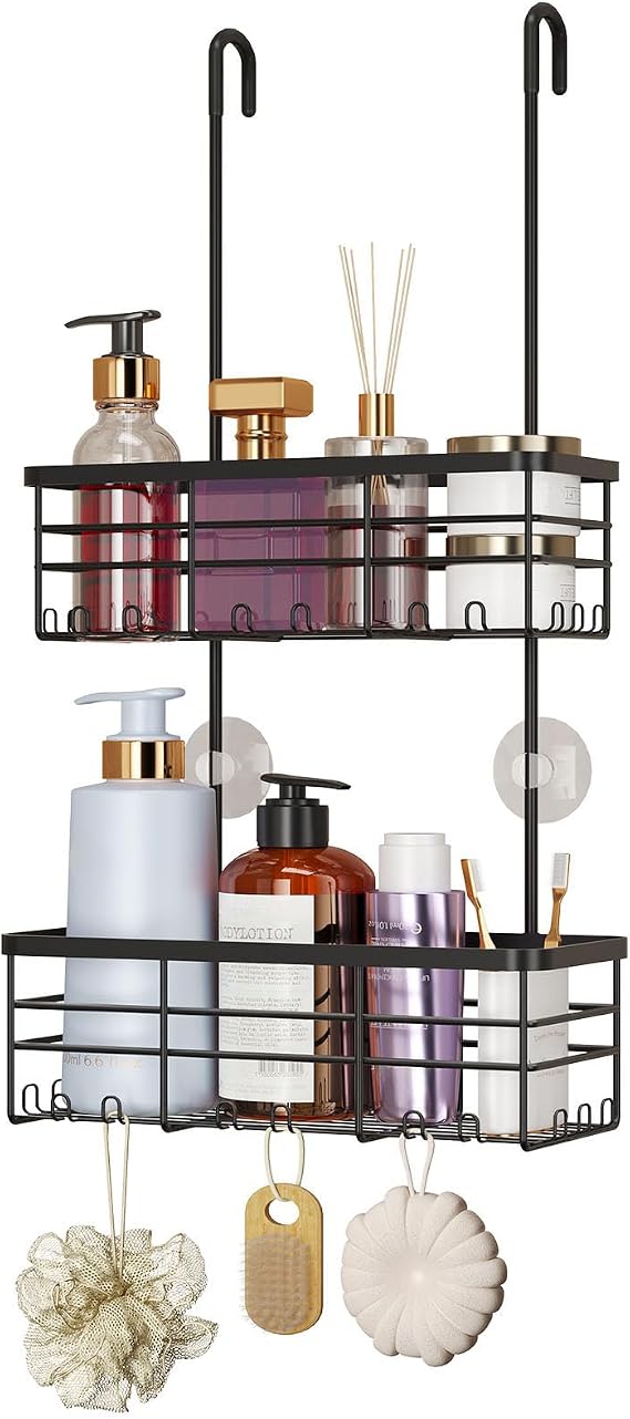HapiRm Shower Caddy Hanging Organiser- No Drilling Shower Tidy with Hooks | Dual Hanging Shower Caddy, 2 Tier Stainless Steel Shower Rack, Efficient Drainage Over Door Shower Caddy for Bathroom