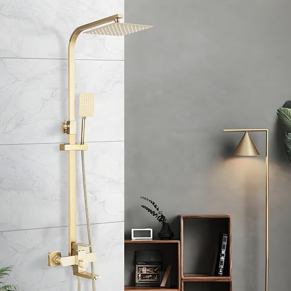 Shower Set Shower Riser Rail,8-inch Square Overhead Rain Shower Head with Handheld Shower Hose and Bath spout,Adjustable Rail Set, Brushed Gold