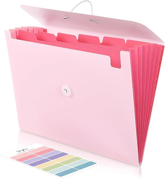 SKYDUE A4 Document Folder 7 Compartments Folder with Elastic Band Document Organiser/Folder/Organiser for Office Home School Documents (Pink)