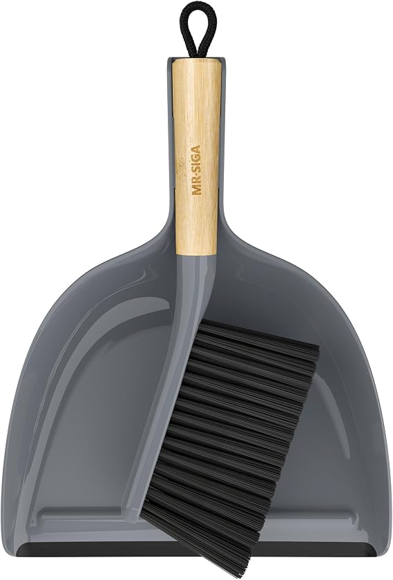 MR.SIGA Bamboo Handle Dustpan and Brush Set, Grey, 1 Set