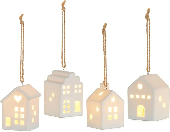 Christmas Village Sets Ornaments, Set of 4 LED Porcelain Houses