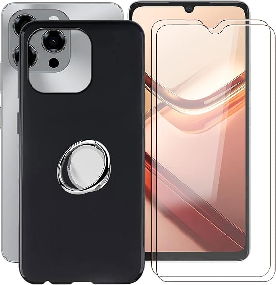 Doogee Note 586.7インチ用電話ケース 保護フィルム2枚付き 360°携帯電話メタルリングホルダー 超薄型ブラックソフトTPUバンパー 耐衝撃カバー Doogee Note 58用