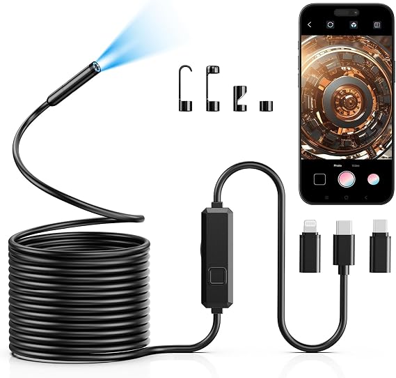 Endoscope Inspection Camera, 1920P HD Borescope with 8 LED Lights, 10M Semi-Rigid Snake Inspection camera, IP67 Waterproof Drain Pipe Borescope Mens Gadgets for iOS and Android