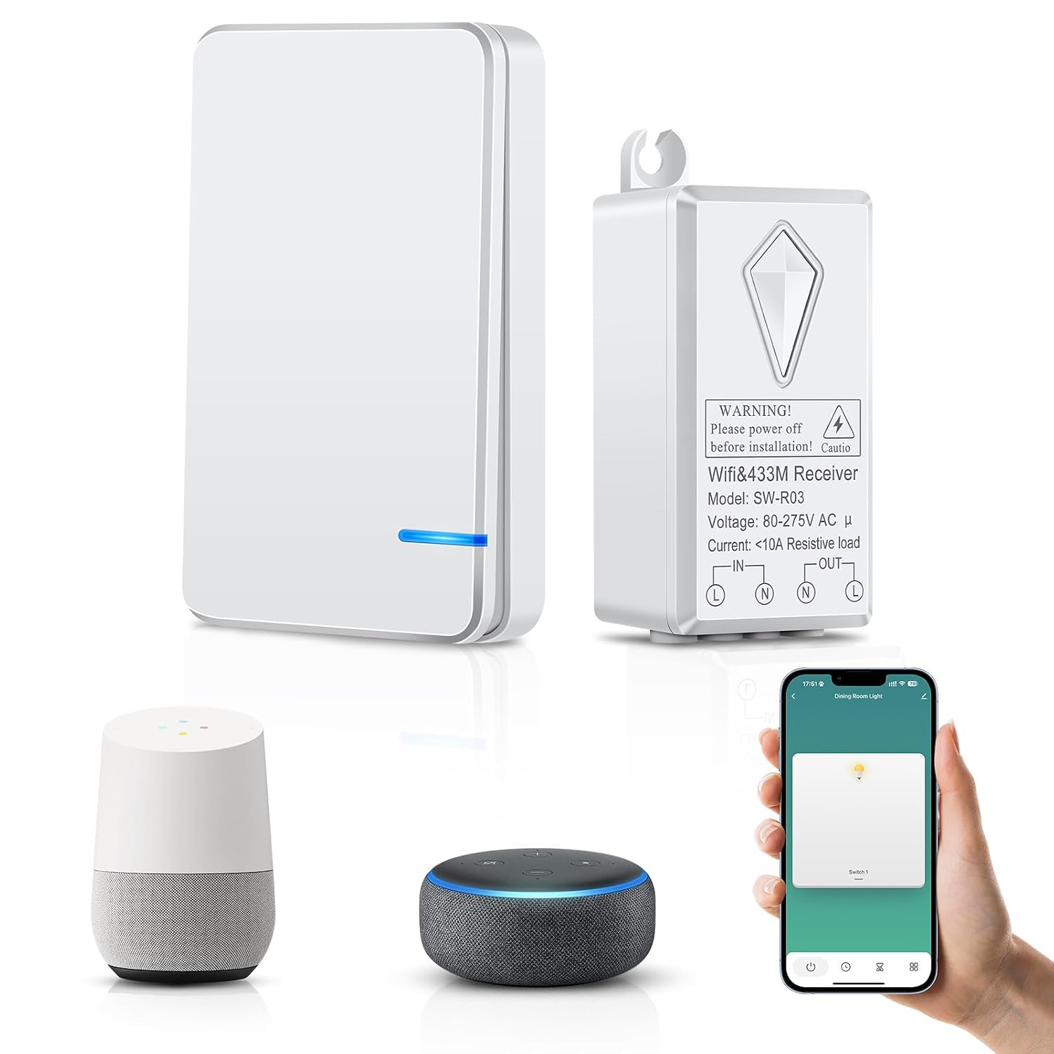 WiFi Smart Switch, NineLeaf 10A 1000W Smart Mini Wireless Switch, Smart Life,Tuya APP Remote Control with Timer Function, Alexa Echo, Google Home Voice Controlled, Multi-Group Control, Free DIY