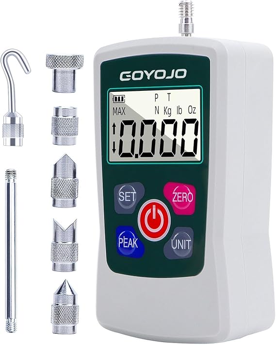 GOYOJO Digital Force Gauge, High-Precision Push-Pull Meter for Tension and Compression Testing Units (N, kg, lb, oz) Real-Time/Peak/First Peak Modes Ideal for Quality Control & Material Testing (50N)