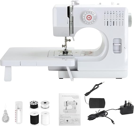 Mini Electronic Sewing Machine for Beginners – 14 Built-in Stitches, Double-Line Two-Speed, Reverse Stitch, Foot Pedal & UK Plug, Portable with LED Light