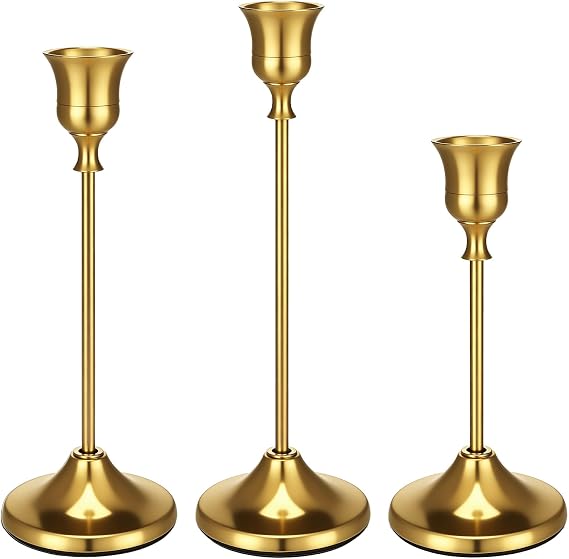 3 Pcs Candle Holders Candlestick, Brass Gold Candle Holder, Vintage Modern Decoration for Home Party Living Room, Wedding Thanksgiving Christmas Advent Dinning Table Mantel Decoration