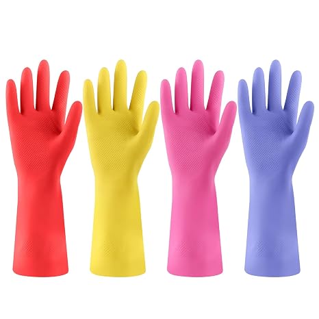 Rubber Kitchen Dishwashing Gloves - 4 Pairs Colorful Reusable Cleaning Gloves for Kitchen Washing Dishes and Household Cleaning(Large)