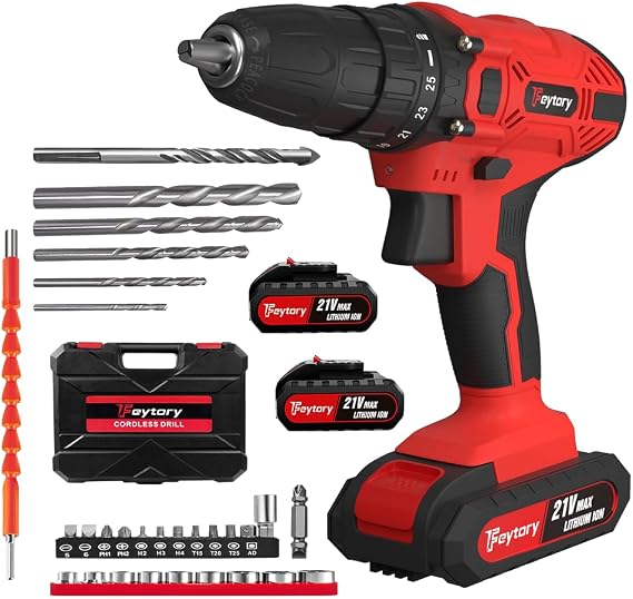 21V Cordless 2-Gear Combi Hammer Drill Red, Portable Drill Driver, 2x1.5Ah Lithium-Ion Power Tool 3/8" Chuck Power Drill Drivers, Electric Screwdriver with 25+1 Torque, Kitbox and LED Light