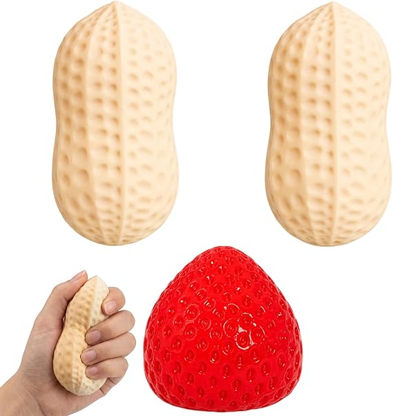 3PCS Peanut Squishy and Strawberry Squishy , for Office Desk and Classroom Focus, Anxiety Management, Portable Pocket Sized Squishies for All Ages