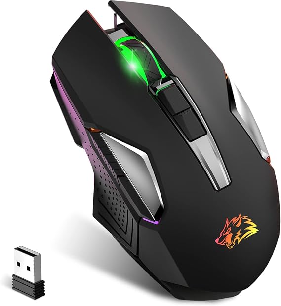 X18 Wireless Gaming Mouse 2.4G, Rechargable-XG502, 600mAh Ultra-Long Life, 7 RGB Light, 2400 DPI, Intelligent Power Saving, Silent Click, USB Receiver, Optical, for PC/Mac/PS4/XBOX (Black)