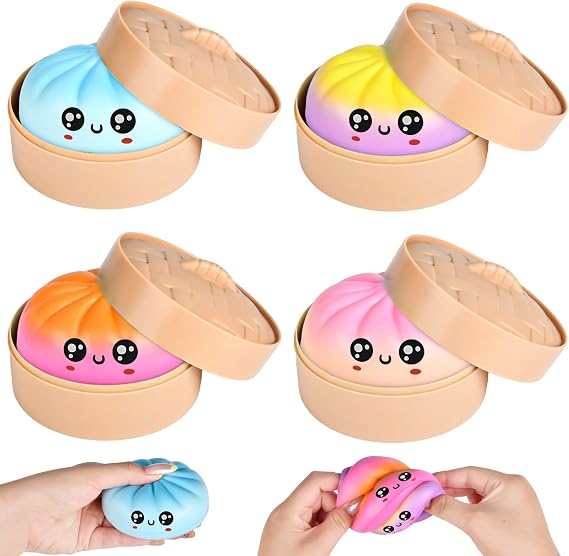 4PC Squishy Bao Dumpling Toys,Colorful Giant Mystery Dumplings Squishy with Food Steamer,Dumplings Fidget Sensory Toys Anxiety Relief,Taba Squishy,Cute Squishies Dumplings Stress Balls for Adults Kids