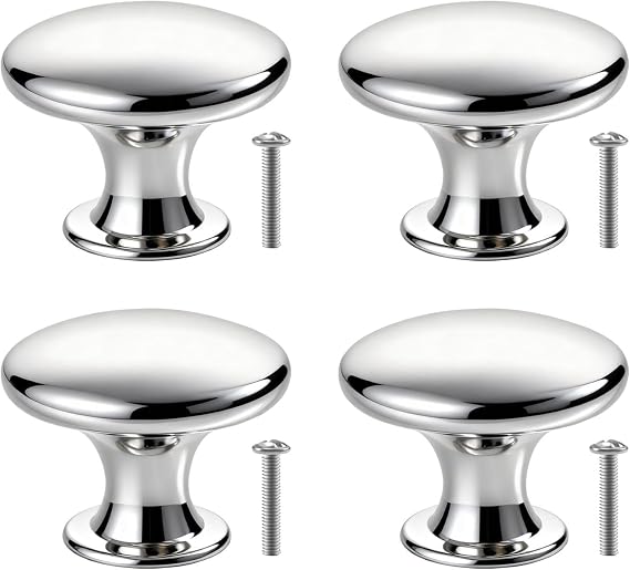 Cabinet Knobs, 4Pcs Silver Cupboard Knobs 30mm, Round Polished Chrome Door Knobs for Kitchen Cupboards, Wardrobes, Drawers & Dressers, with M3 × 14mm Screws