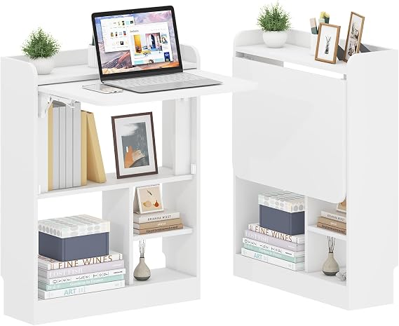 Wall Mounted Table Folding Desk,Drop Leaf Floating Table w/4 Storage Shelve