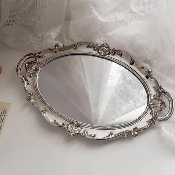 Oval Mirrored Tray, Rectangular Serving Platters, European Style Dessert Plate,Mirror Vanity Tray(Silver)