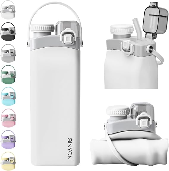 Katlanabilir Su Şişeleri, 20oz Silikon Yeniden Kullanılabilir Su Şişesi, Pipetli ve Kayışlı, Sızdırmaz Katlanabilir Spor Su Şişesi, Seyahat, Kamp, Koşu, Yürüyüş Spor Salonu için, BPA İçermez
