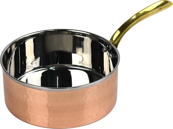Hammered Saucepan Copper & Stainless with Brass Cool Handle Traditional Style Modern Cooking for Parties Family Gatherings (16cm - 850ml)