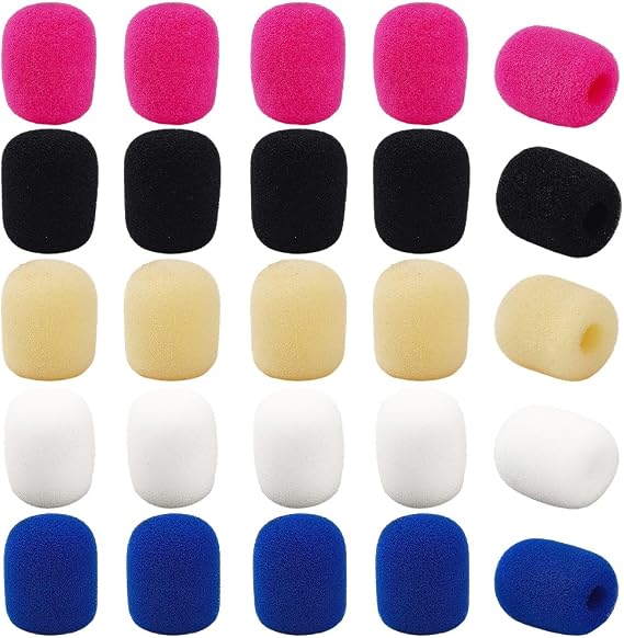 CREATCABIN 30Pcs 5 Colors Small Microphone Sponge Cover Mic Wind Cover Colorful Oval Headset Mike Soft Foam Windscreen Lapel Shield Protective Sleeves for Variety Headset Microphone DIY Making