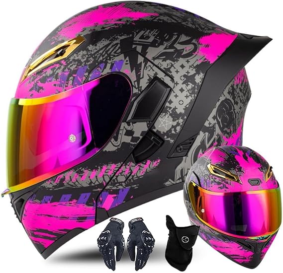 Modular Motorcycle Helmet With Gloves And Face Cover, Flip Up Helmet Adult Motorcycle Helmet With Double Visor, ECE Approved Helmet For Men And Women