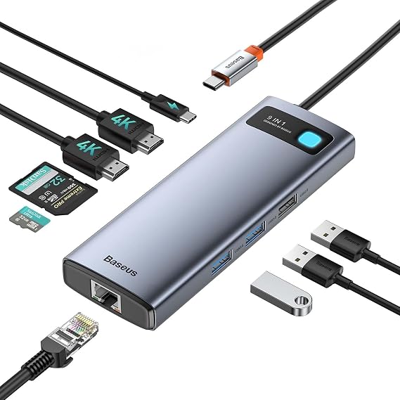 Baseus 9 in 1 Docking Station USB C 4K @ 120Hz 2 HDMI Dual Monitors USB C Hub 1000Mbps Ethernet 100W PD TF/SD Card Reader USB 3.0 Multiport Adapter for MacBook/Dell/HP/Surface/Lenovo & More PC