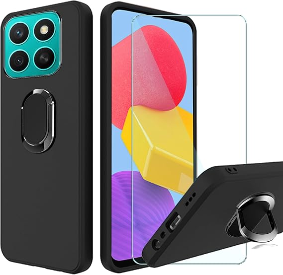 Case + Screen Protector for Honor X5b (6.56 inch),Black Silicone Cover Bracket Shell Case band Tempered Glass Film,for X5b Glass Film