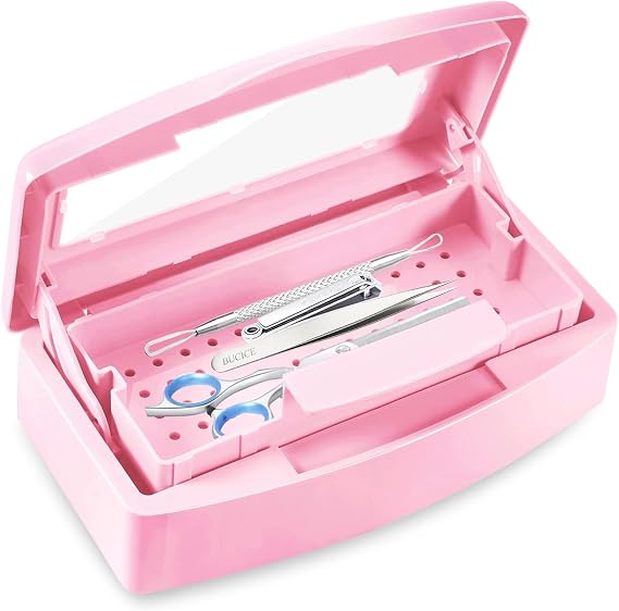 Nail Tool Sterilizer Box, ANGNAY Plastic Sterilization Tray for Nail Supplies, Hair Salon, Eyelash Extensions, Nail Tech Must Haves (Pink)