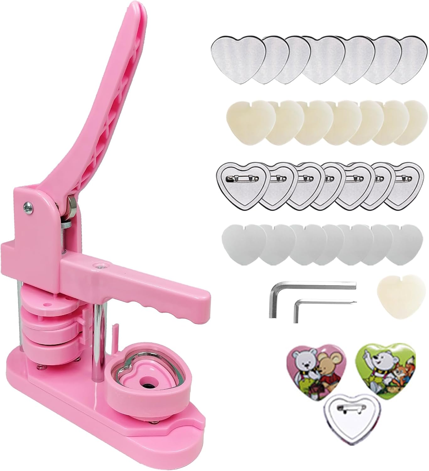 Button Maker Machine, Heart Shaped DIY Pin Badge Maker Custom Badge Press Kit with 100pcs Button Parts for Gifts Pin Maker, Pink