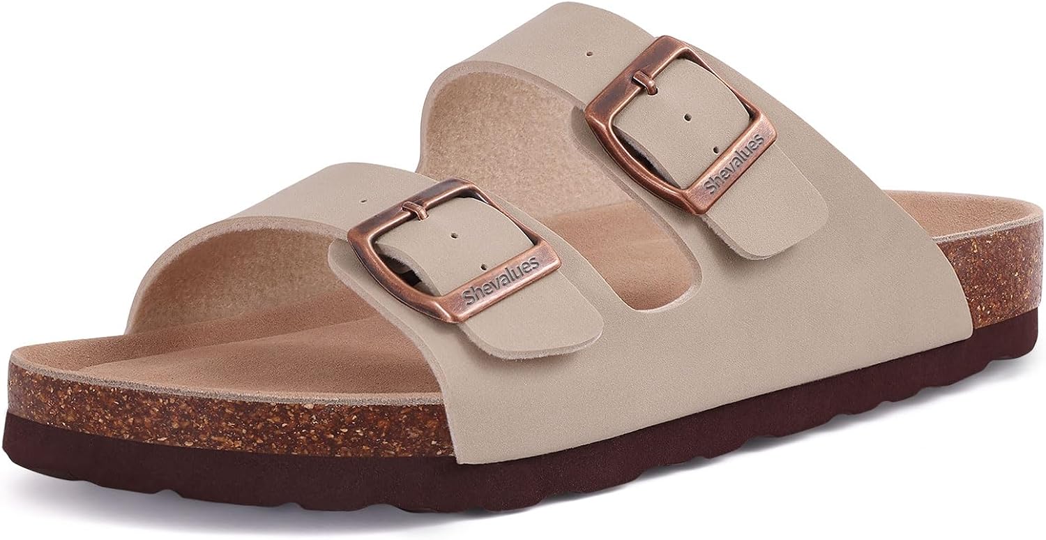 shevalues Women’s Cork Footbed Slide Sandal, Arch Support Summer Outdoor Sandals Mules with Adjustable Buckle