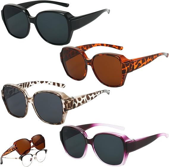 Clip On Sunglasses, 4 Pack Sunglasses Over Glasses for Women, Polarised Trendy Square Oversized Anti Glare Over Glasses, Clip on Sunglasses for Driving UV Protection Men and Women