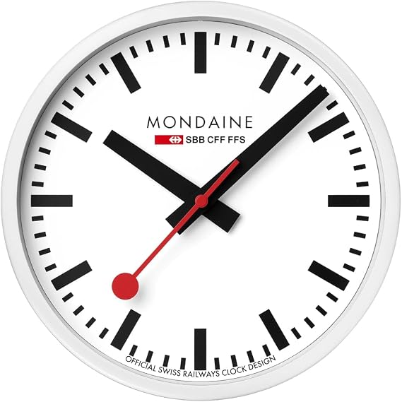 Mondaine A990.Clock.10SBB Wall Clock - White - Official Swiss Station Clock - Diameter 25 cm - Quartz Clock with Sweeping Second Hand - Aluminium Case - Swiss Made