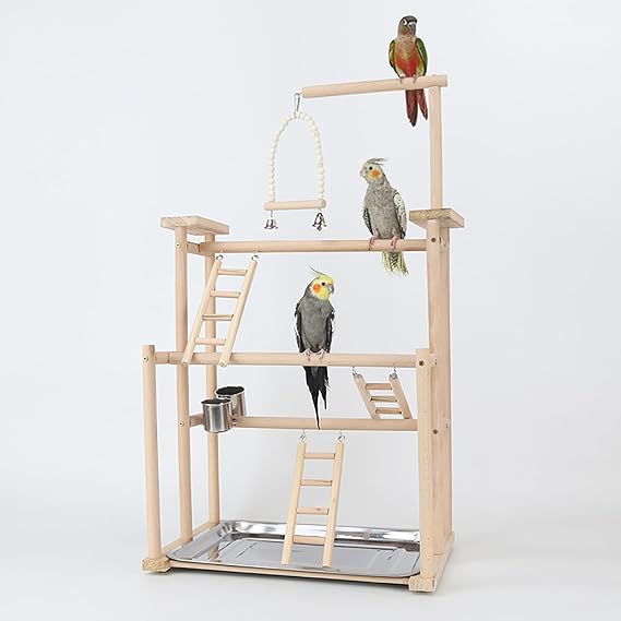 Bird playground, Bird perch, Budgie playground, Parrot perch, Parrot stand, Wood Perch Gym Playpen Ladder with Feeder Cups Toys Exercise Play(44 * 31 * 79CM)