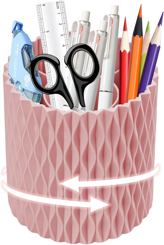 Desk Organisers Pen Holder 360° Rotating Makeup Organiser Stationary Desk Organisers with 5 Compartments Pen Pot for Home Office School Classroom (Pink)