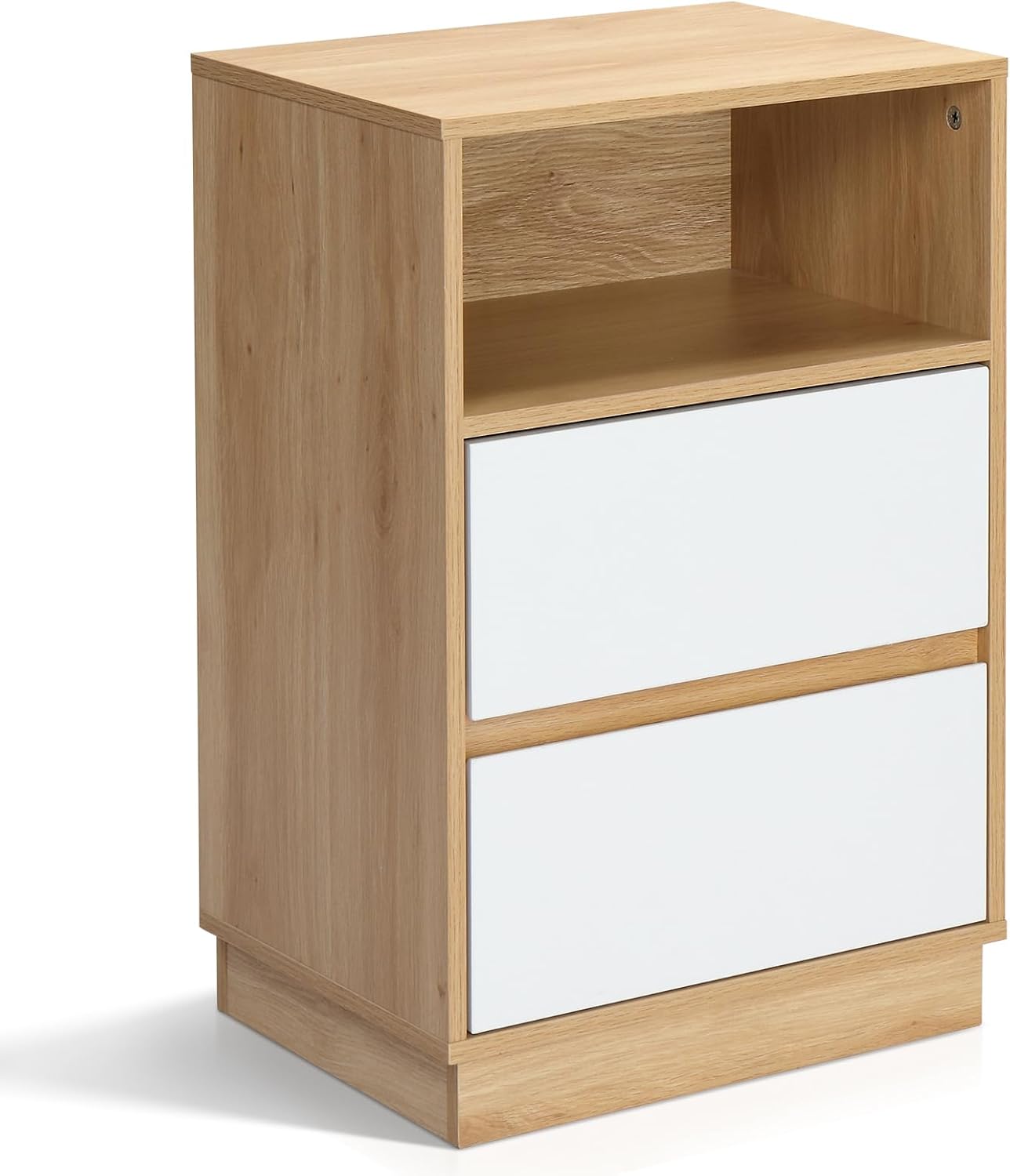 Karl home Bedside Table, Side End Table Nightstand with 2 Drawers, Open Storage Shelf, Wooden Modern Night Stand for Living Room, Bedroom, Study, Small Spaces (Oak & White)