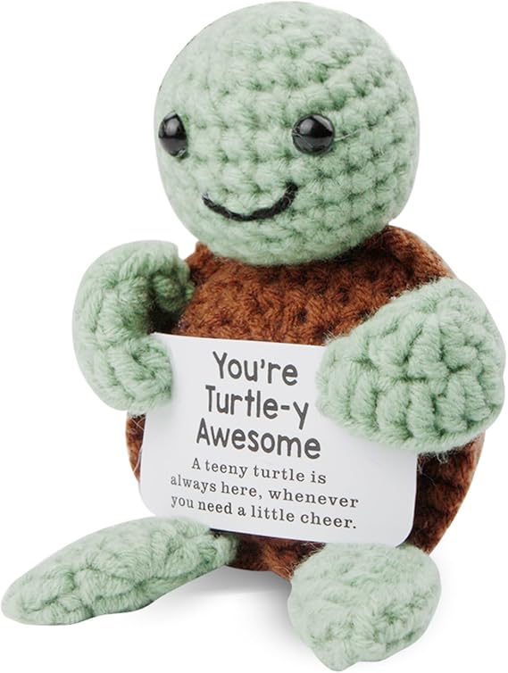 Positive Turtle Emotional Support Crochet Gift with Blessing Card, Handmade Cute Stuff Animal for Women, Good Luck Birthday Gift for Exam Stress Relief, Inspirational Desk Decor for Girls
