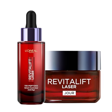 L'Oréal Paris - Routine Anti-Aging Care with Triple Action - Day Cream 50 ml - Correction Serum 30 ml - Hyaluronic Acid Peptide/Pro-Retinol Vitamin C - Revitalift Laser X3