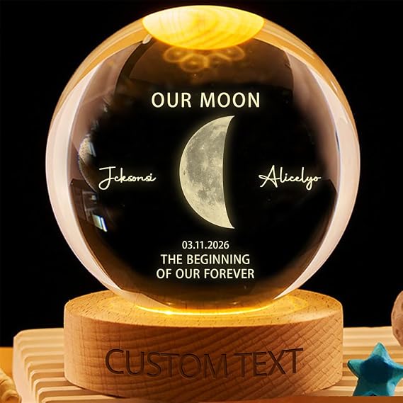 Personalized Our Moon Phase Crystal Ball Light Custom Couple Lunar Print Art Night Light Moon Phase Crystal Ball LED Lamp with Special Day Love Gift for Her Him Anniversary Valentine's Day,02