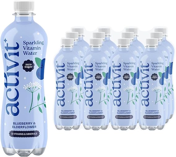 Activit Sparkling Flavoured Vitamin Water Blueberry & Elderflower with B Vitamins B5, B6, B9, B12, Vitamin C, Vitamin D, Zinc & Magnesium Zero Sugar 12x 500ml Bottles