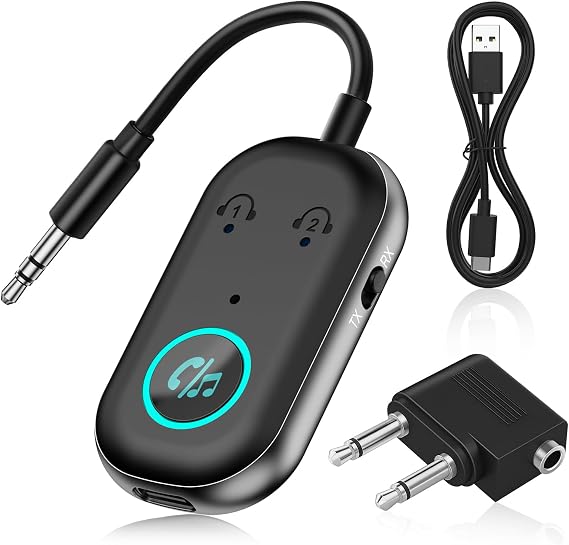 Bluetooth 5.3 Transmitter Receiver, 2 in 1 Airplane Bluetooth Adapter Compatible with 2 AirPods & Wireless Headphones for TV, 3.5mm Jack Audio Transmitter for TV,for T-V/Airplane/Headphone/Airpods/Car