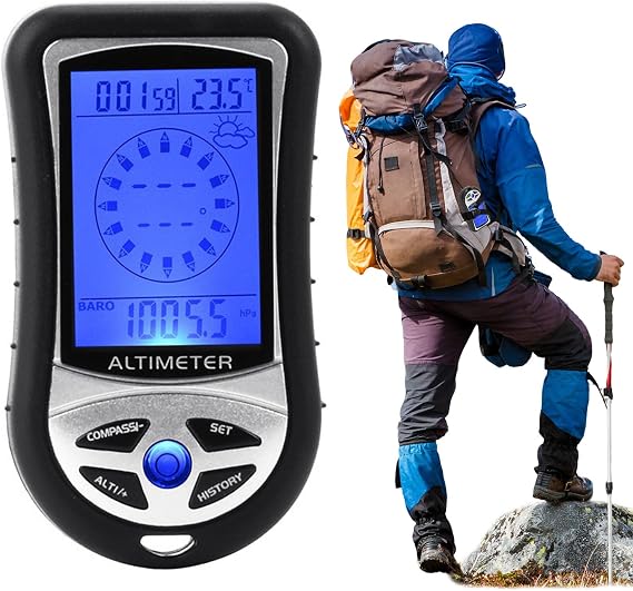 Electronic Altimeter, Handheld Barometer Compass, 3.74x2.09x0.98in Multifunction Backlit Display, Temperature and Weather Forecast for Hiking, Climbing, Outdoors, Home