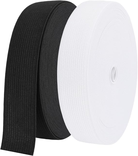 2 Rolls Elastic for Sewing, White & Black Elastic Cord 25mm(1 Inch) Wide, 5M Each Flat, Stretchable Waistband for Sewing Clothing, Garments, Dressmaking, DIY Trouser, Headbands