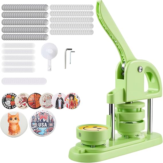 VEVOR Button Maker Machine, 58mm, Plastic Pin Maker with 100 Button Parts, Circle Cutter and Hex Wrench, Reinforced Ergonomic Handle, DIY Badge, Personalized Pin and Keychain, Green