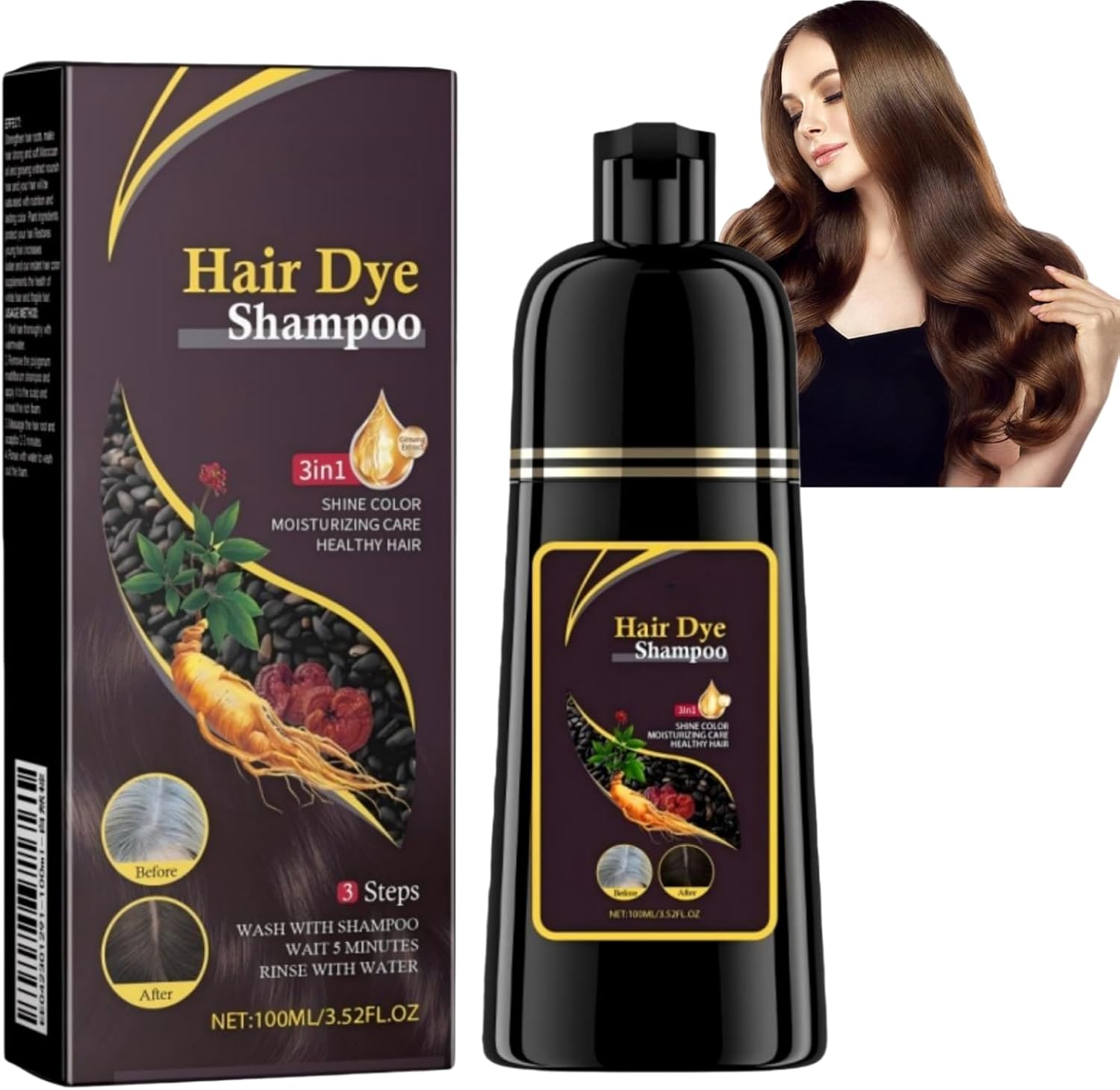 100ml Dark Brown Hair Dye Shampoo,Colour Shampoo To Cover Grey Hair,H-air Instant Dye Sh-ampoo In Minutes,For Even Tone, Long-Lasting Shine & Frizz Control, Gentle Plant-Based Formula For Dry H-air
