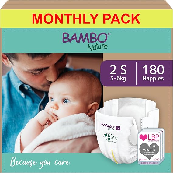 Bambo Nature Premium Eco Nappies, Size 2 Nappies (7-13lb/3-6kg), Mini, 180PK Eco-Labelled Nappy, Enhanced Leakage Protection, Secure and Comfortable Baby Nappies