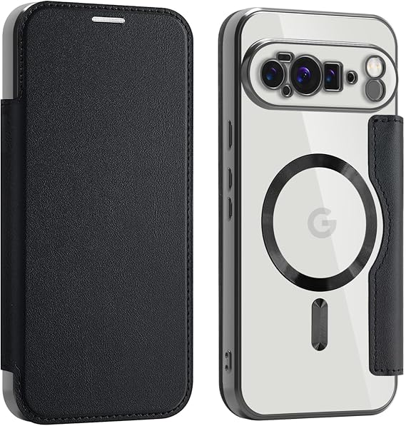 財布型ケース Google Pixel 10 Pro XL用 カードホルダー付き スタイリッシュ 耐衝撃 PUレザー マグネット式 ビジネス RFIDブロッキング フリップ クリア ケースカバー Google Pixel 10 Pro XL用 ビジネスブラック