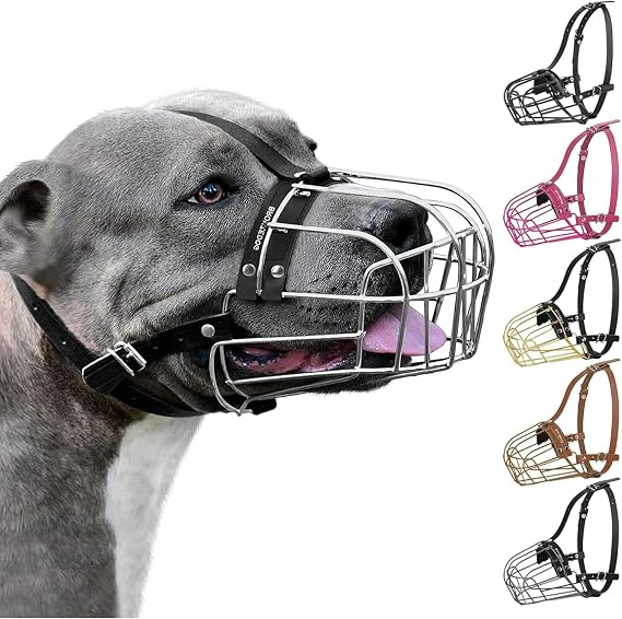 BRONZEDOG Pitbull Dog Muzzle Adjustable Metal Mask Wire Basket for Amstaff, Pit Bull, Large Dogs (Leather, Steel)