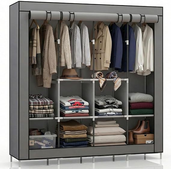 Fabric Wardrobes for Bedroom,Bedroom Wardrobes with Shelves and Hanging Rail,Canvas Wardrobe Storage Solutions,Clothes Storage Organiser,Clothes Rail with Cover,170x45x170cm,Grey