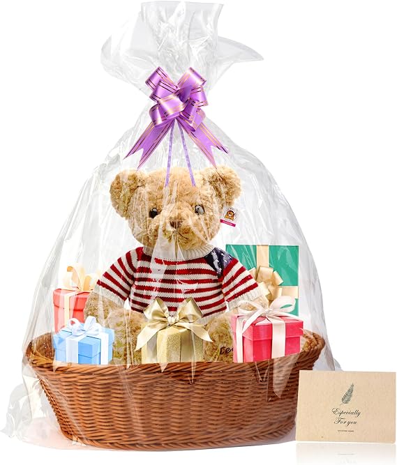 Gift Baskets Empty,38x28x12cm Gift wicker Basket with 1 x Hamper Basket, 4 x Bows, 1 x Cellophane Bags and 1 x Greeting Card,ideal for Christmas, Birthday, Wedding, Easter Gift,Graduations
